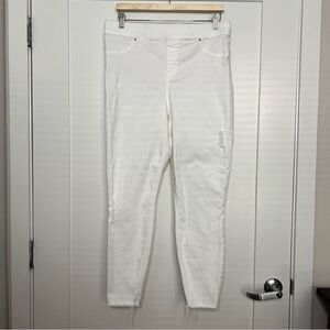 Spanx Jeans Womens XL White Skinny Leg Legging Pull On Distressed Raw Hem Denim